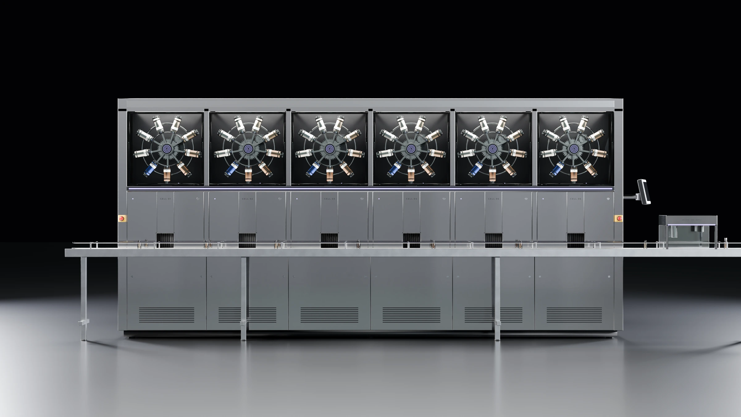 The ChromaCore Node v3 with six production cells and a conveyor